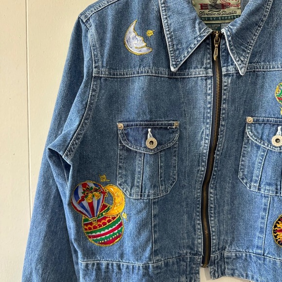 vintage Y2k Express Cropped Demin Jacket Embroided Sun, Moon Size M - Picture 2 of 11